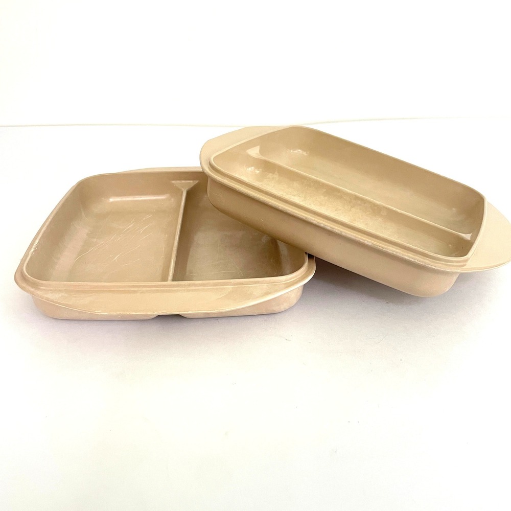 Vintage Anchor Hocking MicroWare Divided Replacement Lids Tan Set 2 PM481/T1 USA